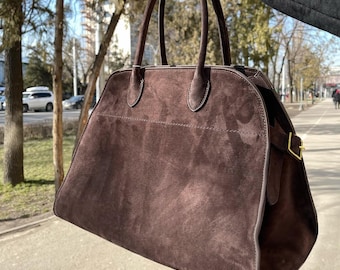 Suede Leather Tote Bag, Minimalist Leather Tote Bag, Large Suede Leather Top Handle Bag