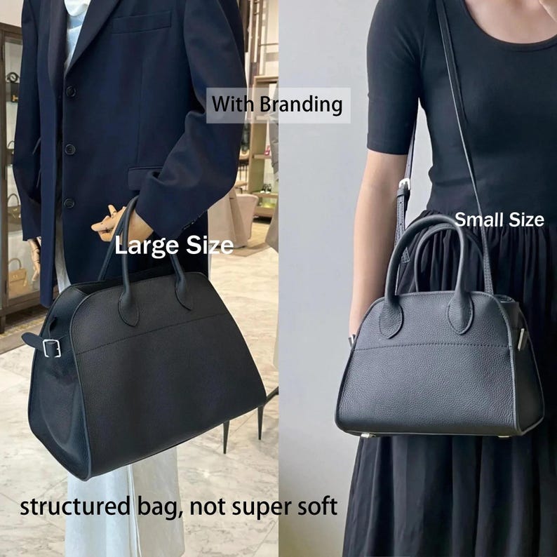 May include: Two black structured handbags, one large and one small, are displayed. The large bag has a rectangular shape with a top handle and a shoulder strap. The small bag is a rounded shape with a top handle and a shoulder strap. Text on the image reads "With Branding", "Large Size", "Small Size", and "structured bag, not super soft".