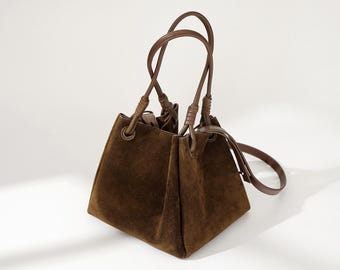Suede Leather Tote Bag, Minimalist Women's Bucket Bag, Elegant Top Handle Bag, Crossbody Bag