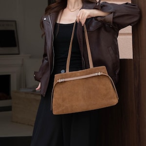 Suede Leather Shoulder Bag, Suede Underarm Bag, Minimalist Leather Tote Bag, Winter Suede Leather Bag