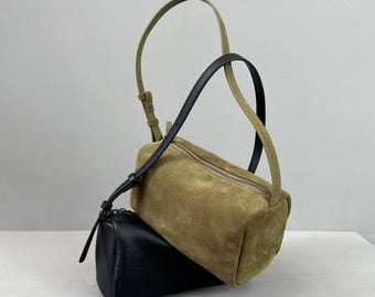Bolso bandolera de ante, bolso bandolera pequeño, bolso minimalista de piel, bolso minimalista de ante para llevar bajo el brazo