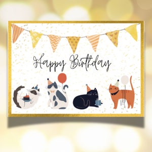 Cat Party Card, Printable Birthday Card, Birthday Card