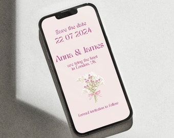 Rosa Blumen-Digital-Save the Date -Hochzeits-E-Einladung, Blumenstrauß einladen, einfache digitale Einladung, minimalistische digitale Save the Date