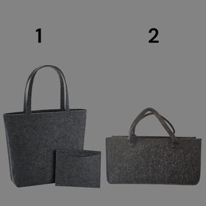 May include: Three gray felt tote bags. One large tote bag with handles, a smaller square pouch, and a rectangular tote bag with handles. The bags are made of a soft, felt material.