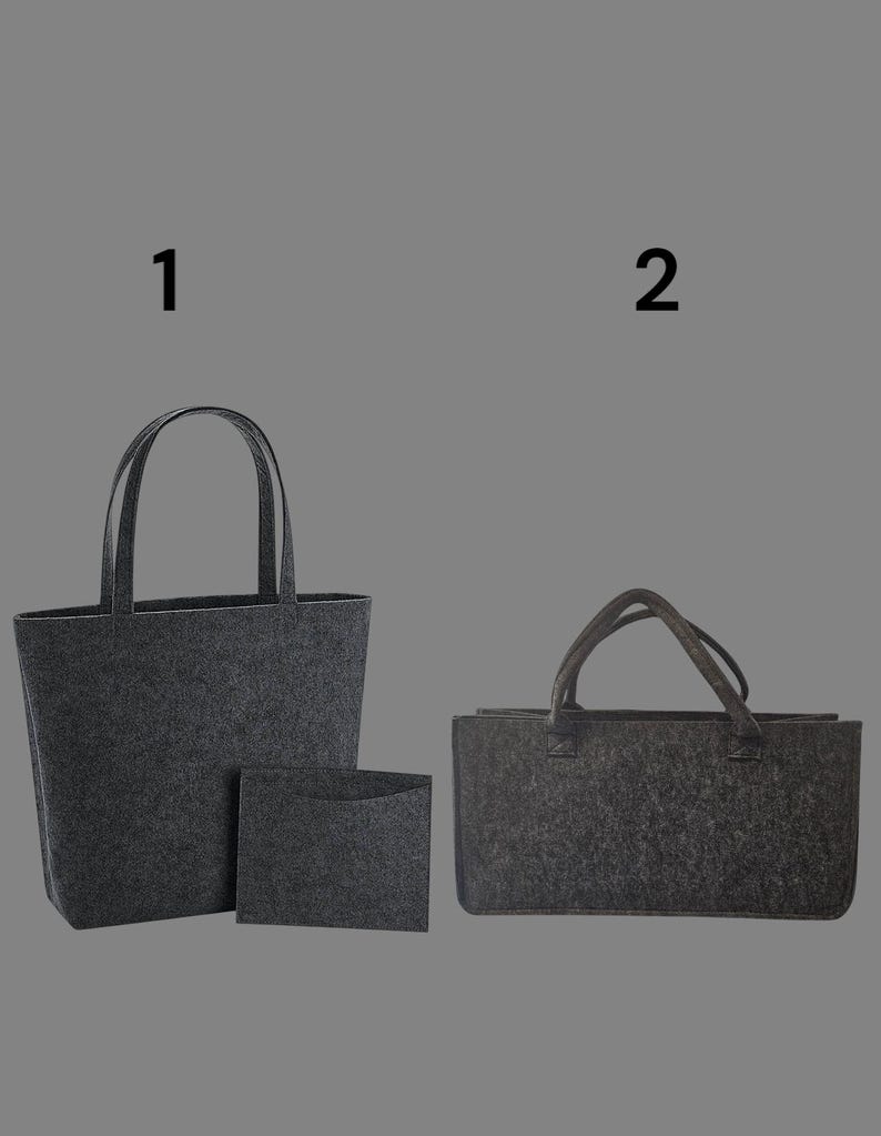 May include: Three gray felt tote bags. One large tote bag with handles, a smaller square pouch, and a rectangular tote bag with handles. The bags are made of a soft, felt material.