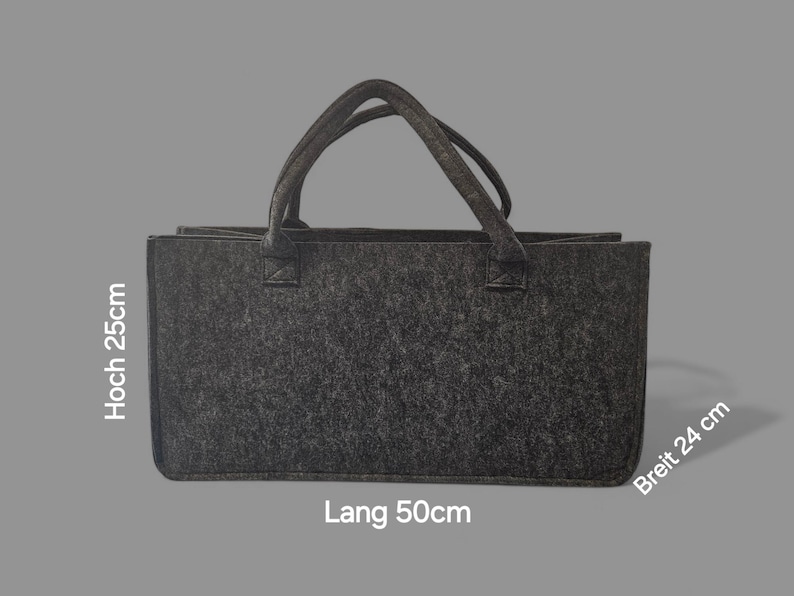 May include: A dark gray felt tote bag with two handles. The bag is rectangular, measuring approximately 19.7 inches long, 9.4 inches wide, and 9.8 inches high.