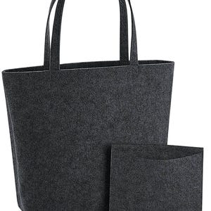 May include: A dark gray felt tote bag with matching handles and a smaller, rectangular felt pouch. The tote bag has a rectangular shape and a wide opening. The pouch is designed to fit inside the tote bag.