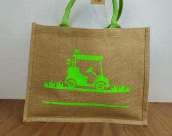 Jute bag with golf motif – Sustainable shopping bag with green handles