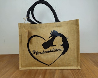 Jute bag with horse motif & heartbeat or horse girl Sustainable tote bag for horse fans