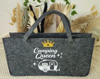 Camping Queen Felt Bag with Caravan Design – Camper Bag Gift for Women – Felt Organizer Bag Camping Accessory – Caravan Decor Bag