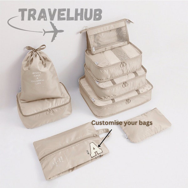 Cubes d'emballage 8 pièces ensemble de rangement valise sacs de rangement personnalisés et étiquette de bagage trousse de voyage trousses de toilette indispensables pour les vacances