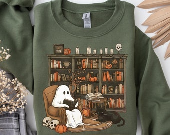 Retro Ghost Reading Books Sweatshirt, Librarian Ghost Halloween, Halloween Teacher Sweatshirt, Halloween Shirt, Teacher Gift, Boo School