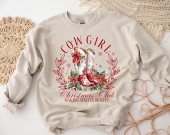 Cowgirl Christmas Sweatshirt ,Country Christmas Tee, Coquette Xmas Tee, Cute Cow Girl Sweatshirt, Cow Girl Boots Shirt, Cow Girl Christmas