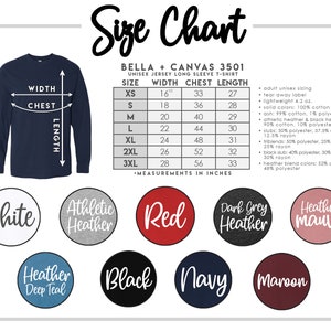 K&ouml;nnte beinhalten: Gr&ouml;&szlig;entabelle f&uuml;r das Bella + Canvas 3501 Unisex Langarm-T-Shirt. Die Tabelle zeigt die Ma&szlig;e f&uuml;r Breite, Brust und L&auml;nge in Zoll f&uuml;r die Gr&ouml;&szlig;en XS bis 3XL. Die Tabelle enth&auml;lt auch eine Liste der verf&uuml;gbaren Farben, darunter Wei&szlig;, Athletik-Heather, Rot, Dunkelgrau-Heather, Heather Mauve, Heather Deep Teal, Schwarz, Marineblau und Maroon.