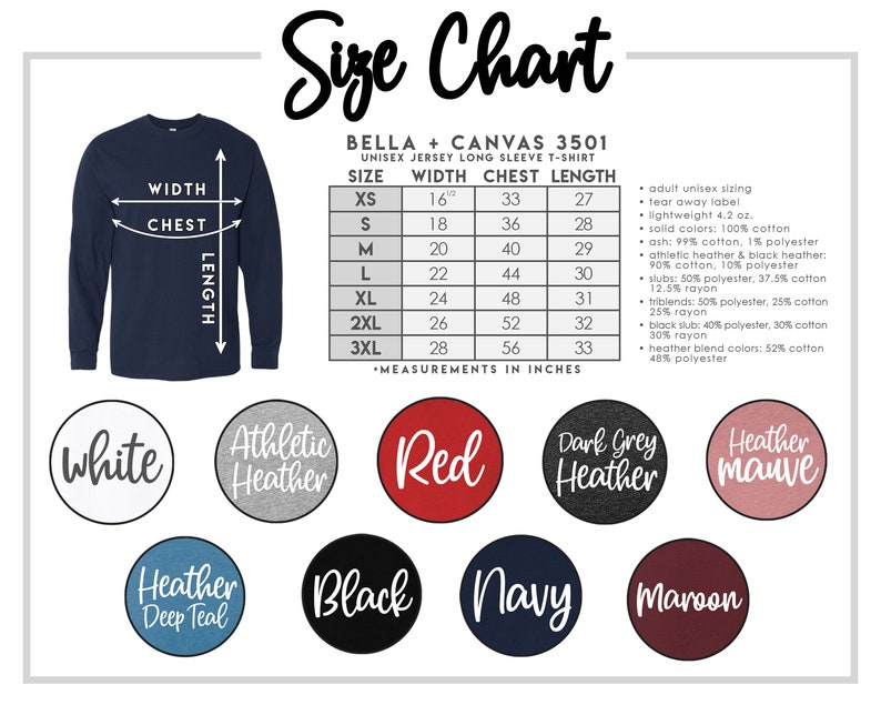 K&ouml;nnte beinhalten: Gr&ouml;&szlig;entabelle f&uuml;r das Bella + Canvas 3501 Unisex Langarm-T-Shirt. Die Tabelle zeigt die Ma&szlig;e f&uuml;r Breite, Brust und L&auml;nge in Zoll f&uuml;r die Gr&ouml;&szlig;en XS bis 3XL. Die Tabelle enth&auml;lt auch eine Liste der verf&uuml;gbaren Farben, darunter Wei&szlig;, Athletik-Heather, Rot, Dunkelgrau-Heather, Heather Mauve, Heather Deep Teal, Schwarz, Marineblau und Maroon.