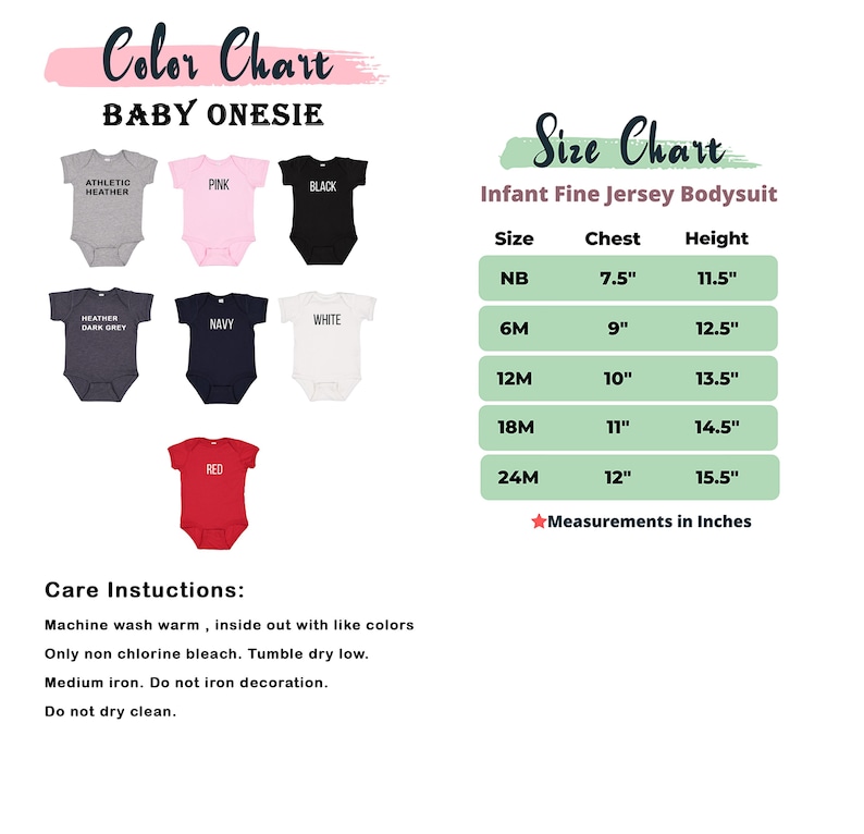 K&ouml;nnte beinhalten: Farbkarte f&uuml;r Baby-Bodys, die verschiedene Farben und Gr&ouml;&szlig;en zeigen. Die Bodys sind in den Farben Athletik-Heather, Pink, Schwarz, Heather Dark Grey, Navy, Wei&szlig; und Rot erh&auml;ltlich. Die Gr&ouml;&szlig;entabelle zeigt Babygr&ouml;&szlig;en von Neugeborenen bis 24 Monate mit den entsprechenden Brust- und H&ouml;henma&szlig;en in Zoll.