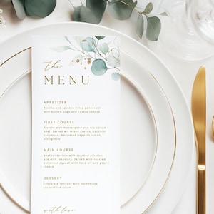 Edytowalny szablon menu weselnego Greenery Nowoczesna karta menu obiadowego Eukaliptus DIY Wydrukuj rustykalne menu weselne Natychmiastowe pobranie