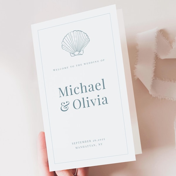 Hochzeitsprogramm Vorlage gefaltet Design Küstenthema Hochzeitszeremonie Programm Seashell Küstendekor Hochzeit Briefpapier Digitaler Download
