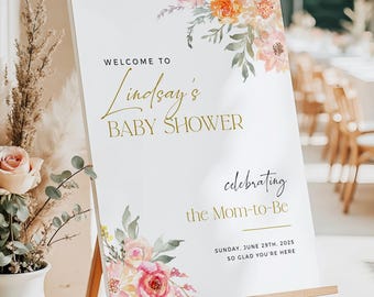 Floral Baby Shower Welcome Sign Personalized for Girl Custom Baby Shower Poster Pink Baby Shower Decor Baby Shower Decoration Ideas Printed