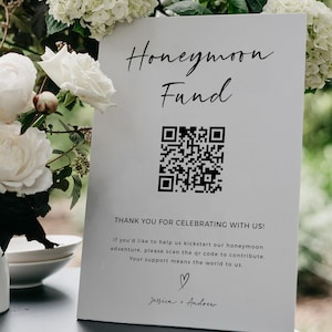 Minimalistisch huwelijksreisfonds QR-code tekensjabloon bewerkbare bruiloft Venmo-betalingsteken aanpasbaar huwelijksreisfonds afdrukbaar voor bruiloften