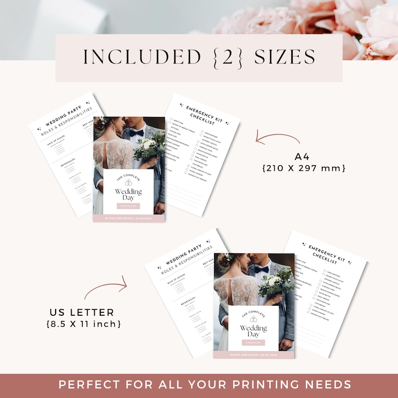 May include: Printable wedding day checklist in two sizes: US Letter (8.5 x 11 inches) and A4 (210 x 297 mm). The checklist includes sections for wedding party roles and responsibilities, and an emergency kit checklist. The design features a photo of a bride and groom.
