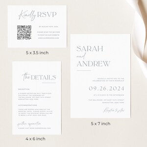 May include: Wedding invitation suite with a white background and gray text. The invitation card features the names "Sarah and Andrew" and the wedding date "09.26.2024". The details card includes information about the reception and accommodations. The RSVP card has a QR code and instructions for guests to RSVP by August 19th, 2024.