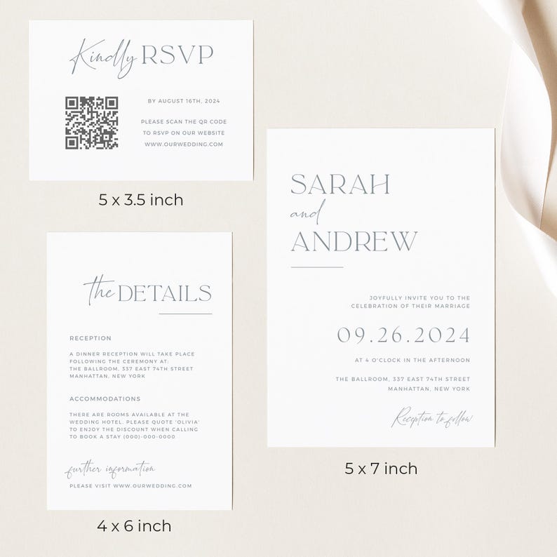 May include: Wedding invitation suite with a white background and gray text. The invitation card features the names "Sarah and Andrew" and the wedding date "09.26.2024". The details card includes information about the reception and accommodations. The RSVP card has a QR code and instructions for guests to RSVP by August 19th, 2024.