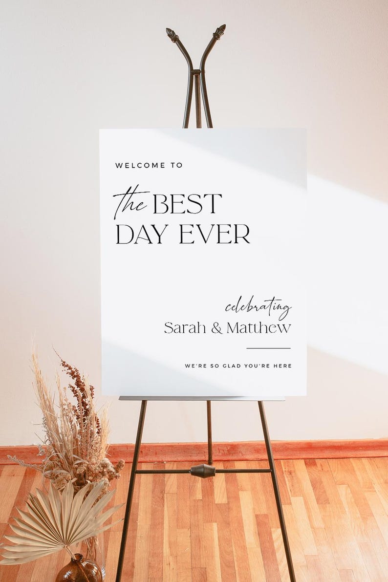 Modern Wedding Welcome Sign Customizable Template Instant Download Black White Minimalist Decor DIY Bride Printable Best Day Ever Personalized Couple Names