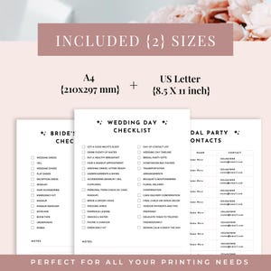 K&ouml;nnte beinhalten: Ein Set aus druckbaren Hochzeitsplanungsunterlagen, bestehend aus einer Checkliste f&uuml;r die Braut, einer Checkliste f&uuml;r den Hochzeitstag und einer Kontaktliste f&uuml;r die Hochzeitsgesellschaft. Enthaltene Gr&ouml;&szlig;en: A4 (210x297 mm) und US Letter (8,5x11 Zoll).