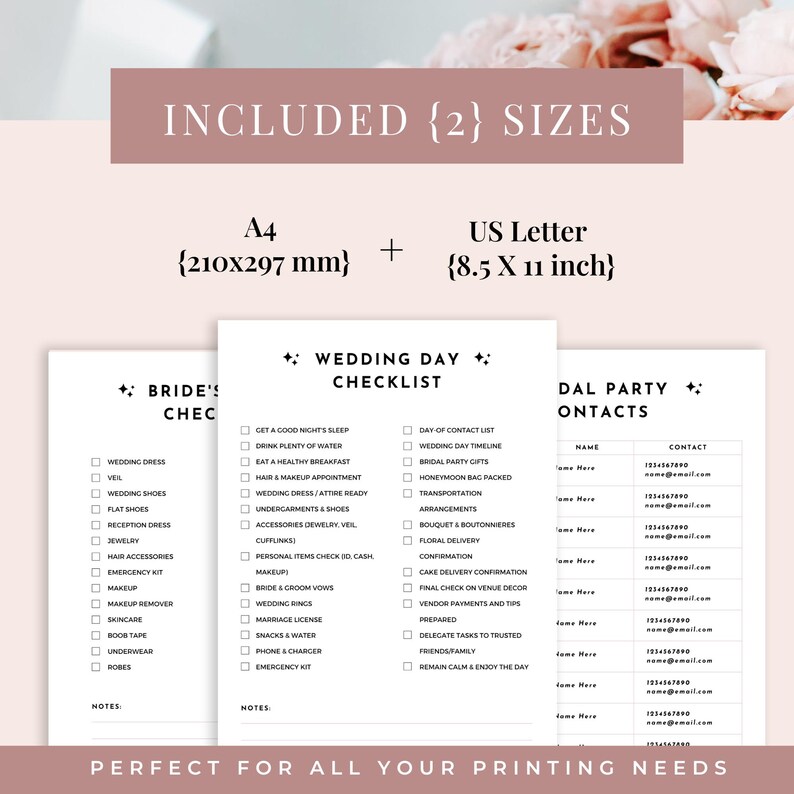 K&ouml;nnte beinhalten: Ein Set aus druckbaren Hochzeitsplanungsunterlagen, bestehend aus einer Checkliste f&uuml;r die Braut, einer Checkliste f&uuml;r den Hochzeitstag und einer Kontaktliste f&uuml;r die Hochzeitsgesellschaft. Enthaltene Gr&ouml;&szlig;en: A4 (210x297 mm) und US Letter (8,5x11 Zoll).