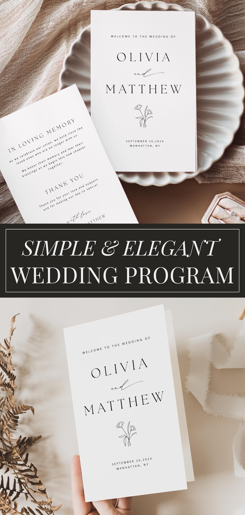 A classic folded wedding program template – minimalist and elegant for any ceremony. This printable order of service is ideal for couples, wedding planners, or DIY brides. Instantly available for download and printing.