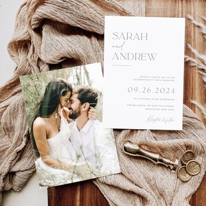 Full wedding invitation set with invitations, RSVP, and details card in a minimalist, modern design.