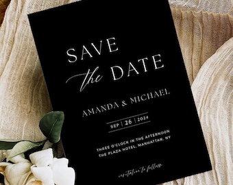 Black Save the Date Template Custom Modern Save our Date Card Minimalist Date Announcement Printable Editable Template Instant Download