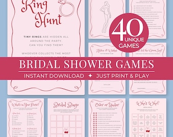 Puede incluir: Un conjunto de juegos de despedida de soltera rosas, que incluyen Ring Hunt, Guess the Dress y Bridal Bingo. Los juegos están diseñados para descarga e impresión instantáneas, con una variedad de actividades para los invitados. La imagen incluye el texto "40 UNIQUE GAMES".