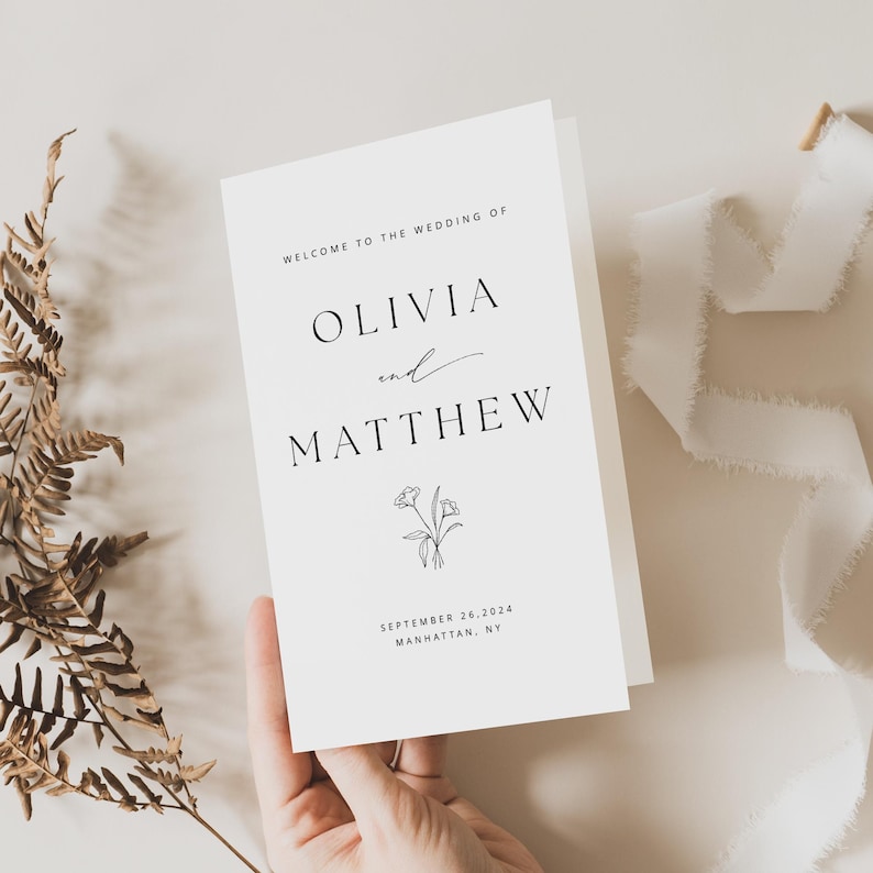 Elegant wedding program template – a foldable wedding ceremony program featuring a minimalist order of service. This printable folded program is perfect for weddings and available for instant download.