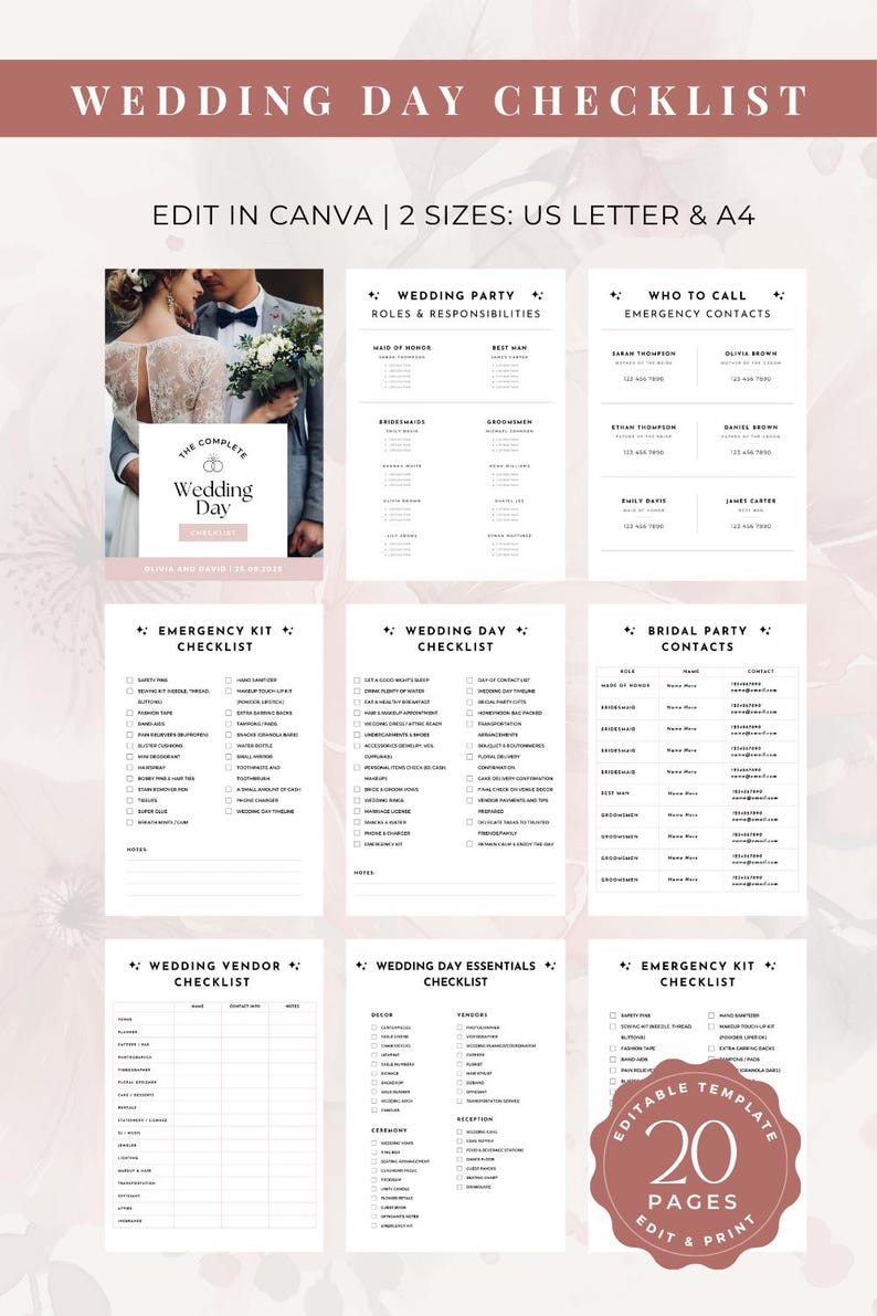 Wedding Planning Guide Wedding Checklist Printable Wedding Day Checklist Printable Wedding Timeline Template Wedding Vendor Contact List Bridal Checklist Template Wedding Coordinator Tool Gift for Bride Wedding Planning Gift