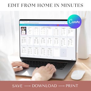 May include: A person is using a laptop computer to edit a document on Canva. The document is a wedding day checklist with multiple pages. The text on the screen says "Wedding Day Checklist".