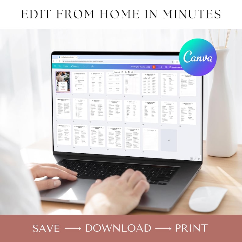 May include: A person is using a laptop computer to edit a document on Canva. The document is a wedding day checklist with multiple pages. The text on the screen says "Wedding Day Checklist".