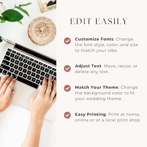 May include: A laptop computer with a white background and a checklist of features for editing a digital design. The checklist includes: Customize Fonts, Adjust Text, Match Your Theme, and Easy Printing.