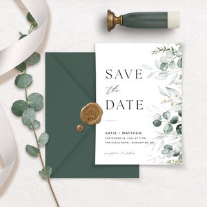 Modèle « Réservez votre date » Verdure moderne « Save our Date Card » Faire-part de date eucalyptus Modèle modifiable imprimable Téléchargement immédiat
