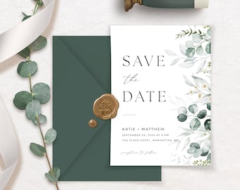Save the Date Template Modern Greenery Save our Date Card Eucalyptus Date Announcement Printable Editable Template Instant Download