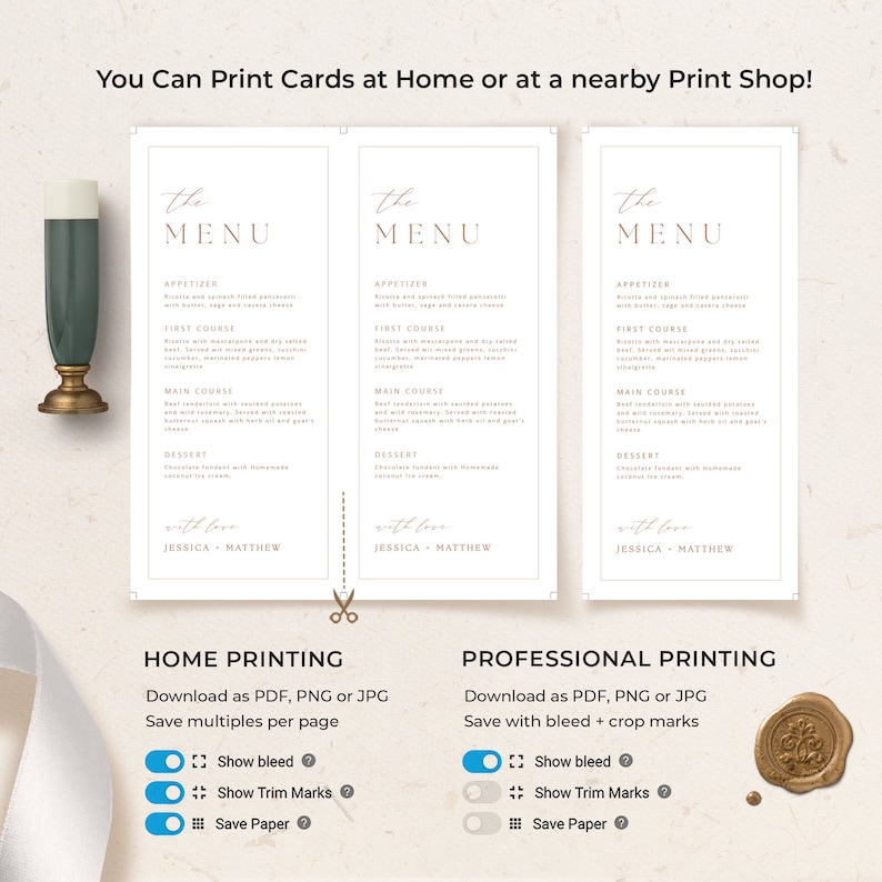 K&ouml;nnte beinhalten: Drei druckbare Hochzeitsmen&uuml;karten im minimalistischen Design. Die Karten sind wei&szlig; mit goldfarbenem Rand und Text. Der Text beinhaltet "die Speisekarte", "Vorspeise", "erster Gang", "Hauptgericht" und "Dessert". Die Karten enthalten auch die Namen "Jessica & Matthew".