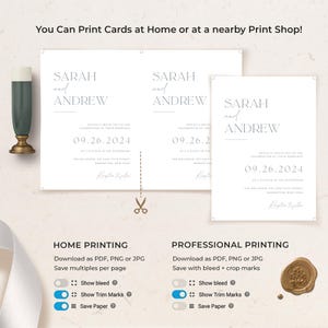 May include: A printable wedding invitation template with the names Sarah and Andrew, the date 09.26.2024, and the text "You Can Print Cards at Home or at a nearby Print Shop!" The template includes options for home printing and professional printing, with instructions for bleed and trim marks.