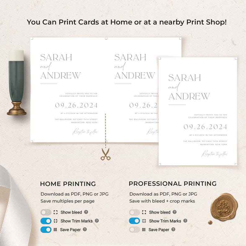 May include: A printable wedding invitation template with the names Sarah and Andrew, the date 09.26.2024, and the text "You Can Print Cards at Home or at a nearby Print Shop!" The template includes options for home printing and professional printing, with instructions for bleed and trim marks.