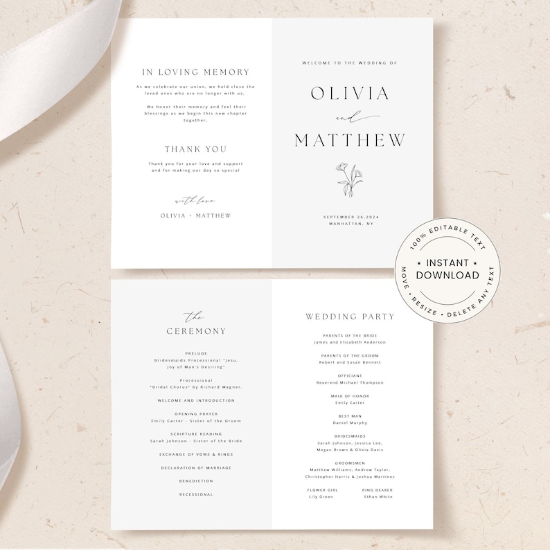 Op de afbeelding: Een huwelijksceremonieprogramma met een minimalistisch ontwerp. Het programma bevat de namen van de bruid en bruidegom, Olivia en Matthew, en de bruiloftsgasten. Het programma bevat ook de volgorde van de ceremonie en de bruiloftsgasten.