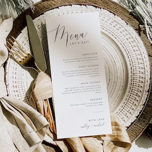 Plantilla de menú de boda minimalista editable Tarjeta de menú de boda Let's Eat Boho Menú de boda imprimible DIY Menú moderno Boda de moda