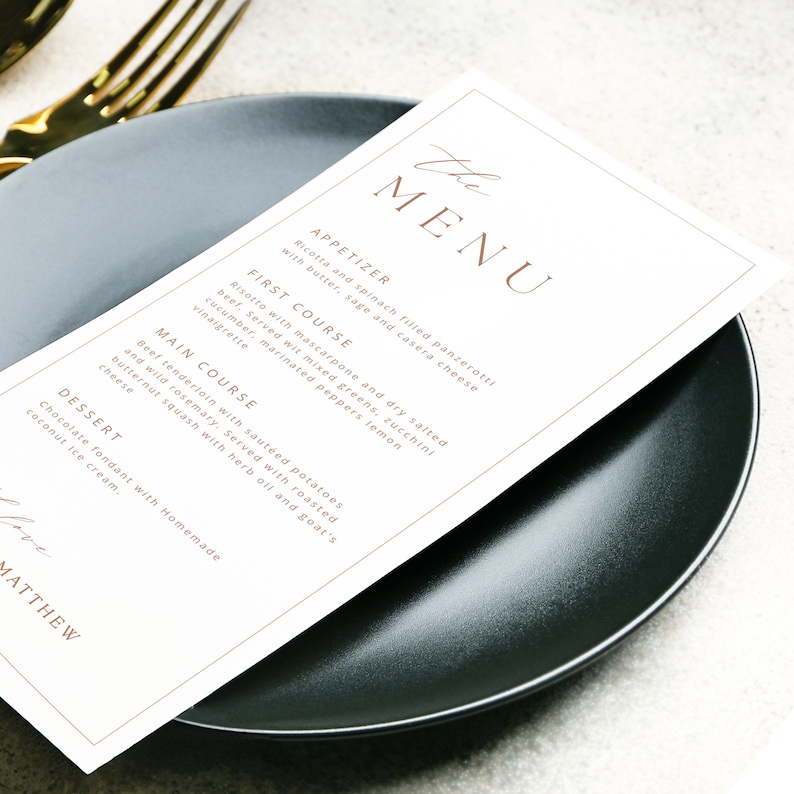 Minimalist printable wedding menu in a modern marigold color palette, displayed on a wedding reception table with simple decor. Editable dinner menu template designed for elegant events, perfect for brides wanting cohesive wedding stationery and an easy digital download to customize.