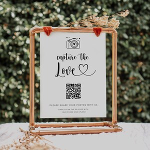 Erfassen Sie die Liebe Hochzeit QR-Code-Zeichen-Vorlage Druckbare Teilen Sie die Liebe Hochzeitsschild Scannable Foto-Sharing-Zeichen Bearbeitbare Vorlage