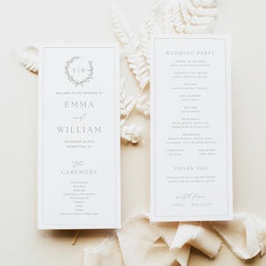 Modelo de programa de casamento Monograma Programa de cerimônia elegante Download instantâneo Cartão de programa DIY para impressão e edição com brasão de casamento