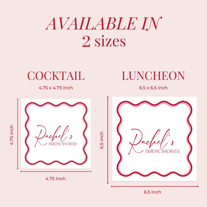 Puede incluir: Posavasos blancos y rosas con bordes festoneados con el texto "Rachel's Bridal Shower". Disponibles en dos tama&ntilde;os: 12,07 cm x 12,07 cm y 16,51 cm x 16,51 cm. El texto "Disponible en 2 tama&ntilde;os" est&aacute; en la parte superior.